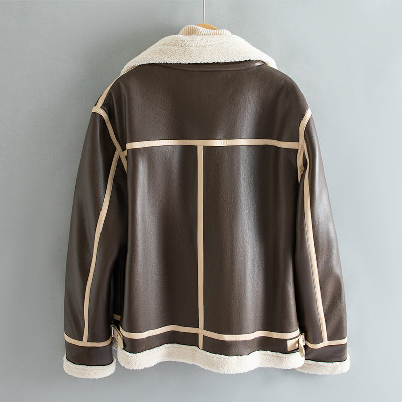 Chaqueta Unisex Cálida - Cuero Sintético Forrado de Borrego, Estilo Motociclista, Cierre Frontal con Cremallera, Para Uso en Invierno