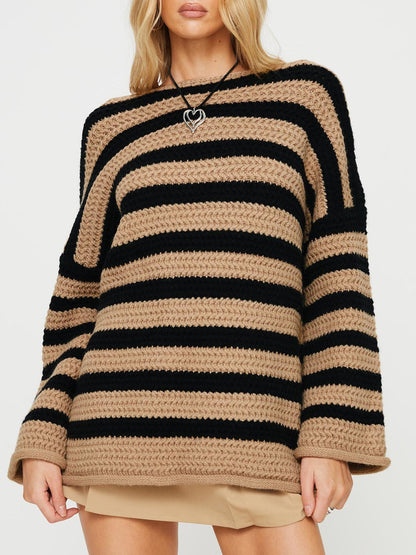 Oversized Women Off Shoulder Sweater - Striped Knit Casual