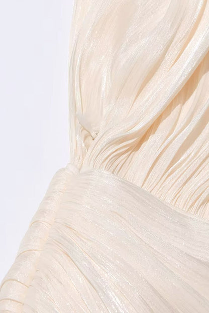 Elegant Women's Dress with Ruched Design, Lantern Sleeves, and High Waist for Summer Events