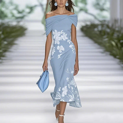 Lightweight women's dress - off-shoulder twist midi-length, floral print, polyester, for weddings