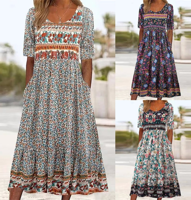 Lightweight women's maxi dress – A-line, ethnic-print, polyester, for casual summer outings