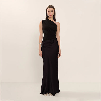 Fitted women's dress - asymmetric one-shoulder sheath, satin, for formal evening events and special occasions