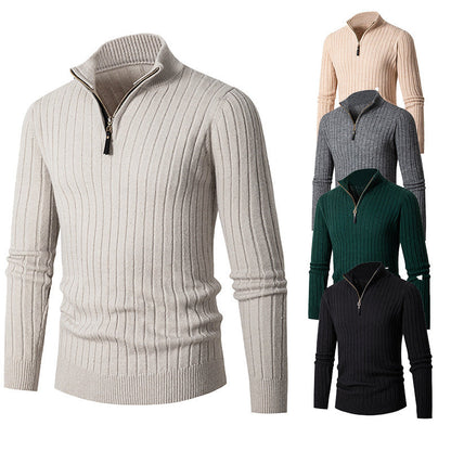 Fitted Men's Half Turtleneck Zip Sweater - Ribbed Knit