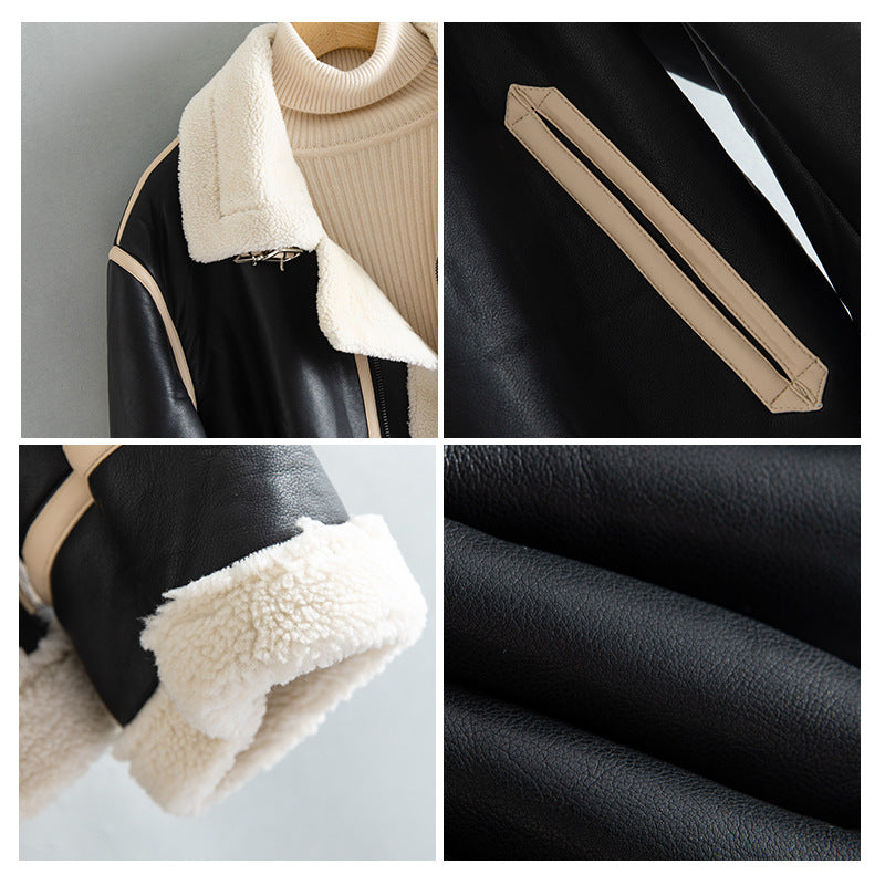 Chaqueta Unisex Cálida - Cuero Sintético Forrado de Borrego, Estilo Motociclista, Cierre Frontal con Cremallera, Para Uso en Invierno