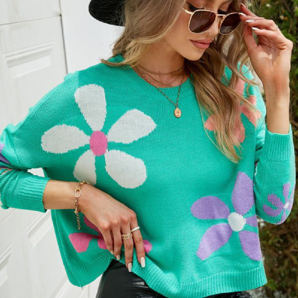 Soft Women Knit Sweater - Boxy Floral Pullover, Acrylic