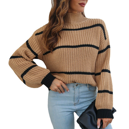 Warm Cozy Women Striped Pullover Jumper- Mock Neck Acrylic