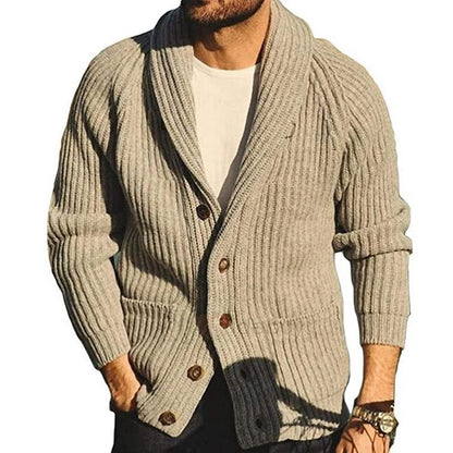 Weicher Herren-Strickjacke mit Schalkragen – Rippstrick, Frühling Herbst