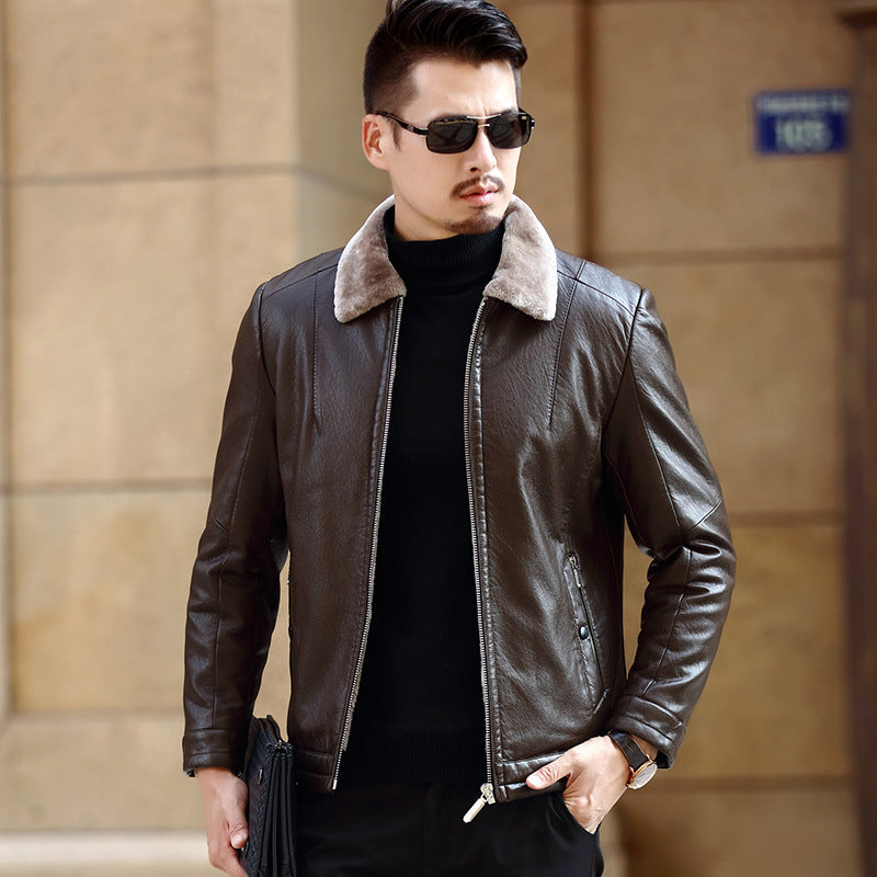 Chaqueta de cuero cálida para hombre – Bomber pulido con cremallera frontal y cuello de borrego, cuero PU, otoño/invierno