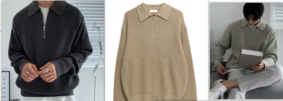 Figursyet herresweaterjakke - lynlåshals, ribstrik, afslappet