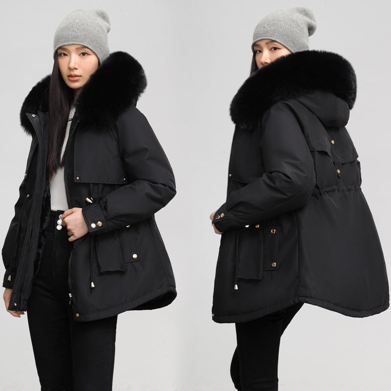 Insulating Womens Parka - Hooded Fur Collar, Cotton Padded