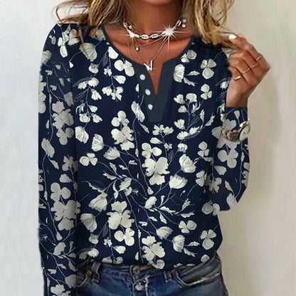 Floral Print Womens Blouse with Round Neck and Button Detail, Casual Full-Length Top for Spring and Autumn-2