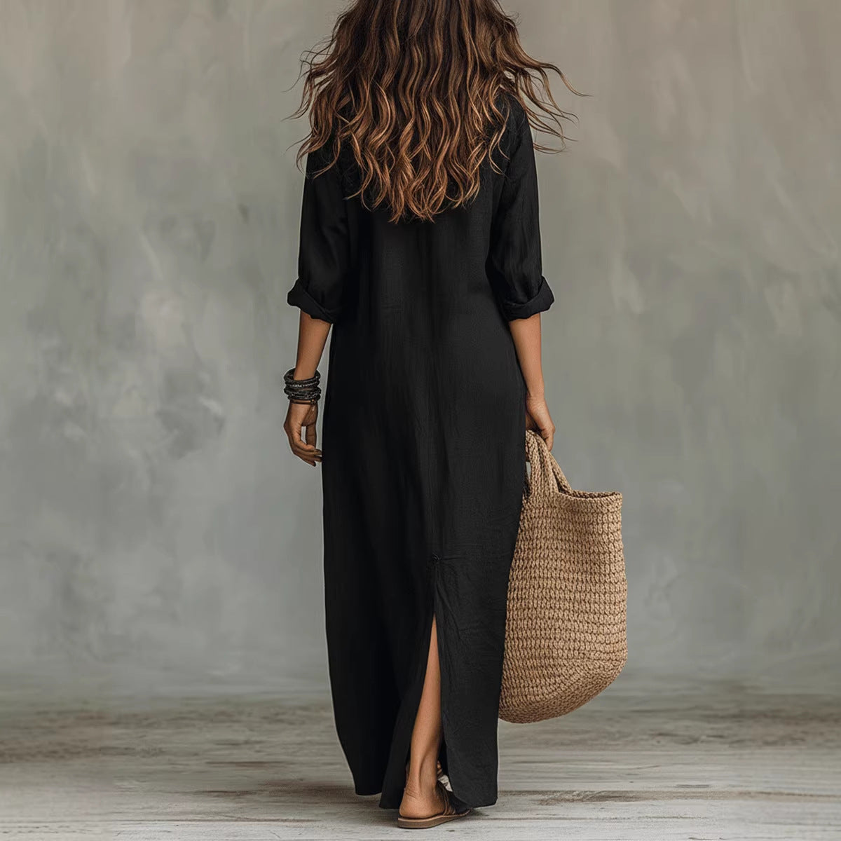 Soft women's flowy maxi dress - long-sleeve lapel-collar, solid, beach vacation