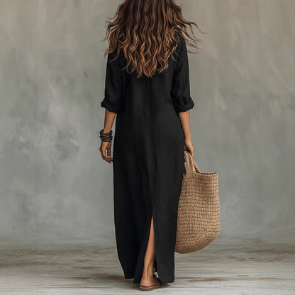 Soft women's flowy maxi dress - long-sleeve lapel-collar, solid, beach vacation