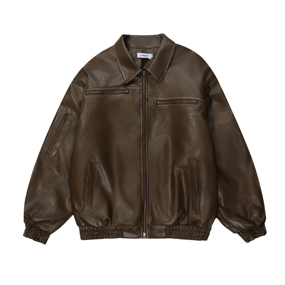 Chaqueta de motociclista desgastada y resistente para hombre - Cuero PU desgastado, uso diario casual