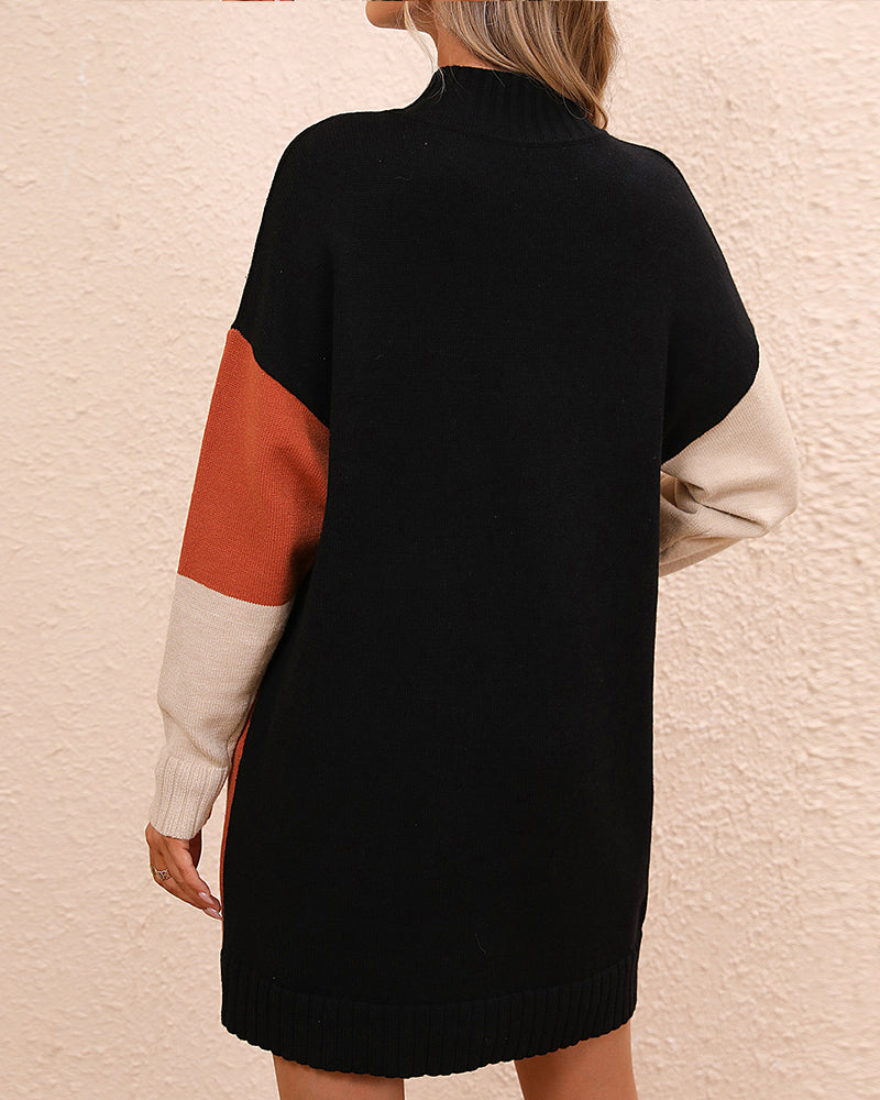 Warm Cozy Women's Tunic Sweater - Colorblock Knit, Winter