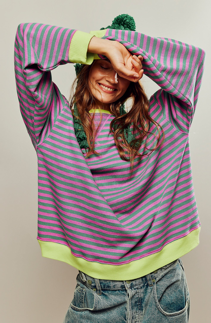 Sudadera extragrande para mujer - Casual de algodón a rayas con corte cuadrado