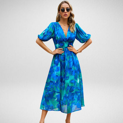 Elegant Printed Midi Dress with Three-Quarter Sleeves for Women - Versatile Midi Dress for Any Occasion-3