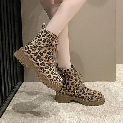 Supportive Women's Ankle Boots - Lace Up Sole, Leopard