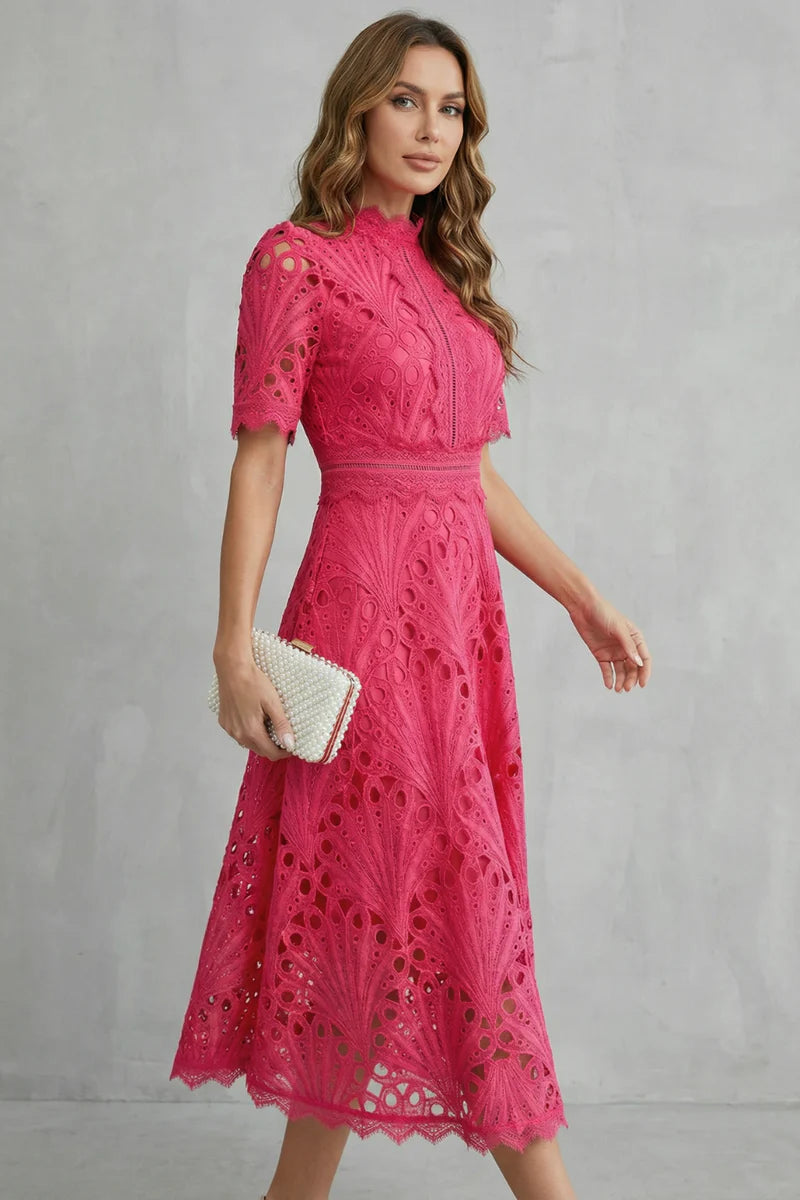 Soft Women's Dress - Lace, Cinched Waist, Short Sleeves, Classic A-Line Silhouette, 100% Polyester, For Occasions