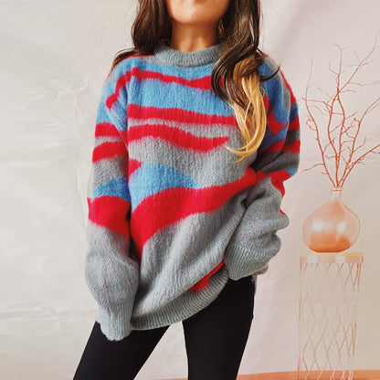 Oversized Women Sweater - Irregular Striped, Knit, Casual