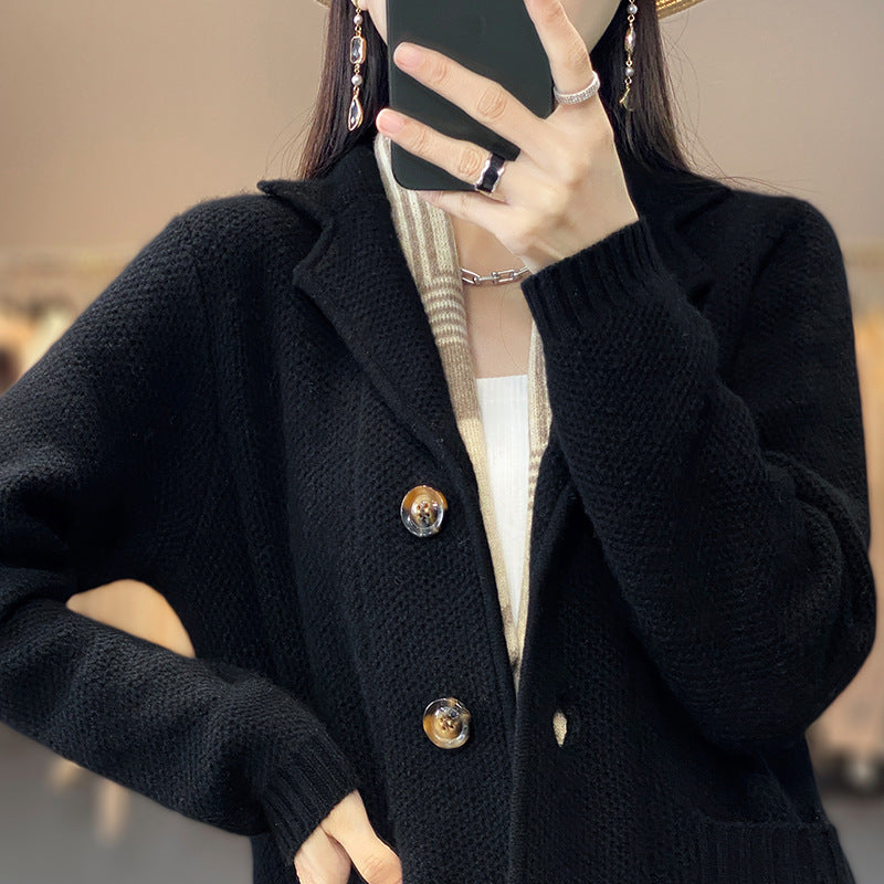 Warm Cozy Women's Cardigan Coat - Suit Collar, Jacquard