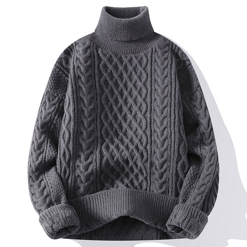 Warm Mens Turtleneck Sweater - Relaxed Cable Knit, Winter