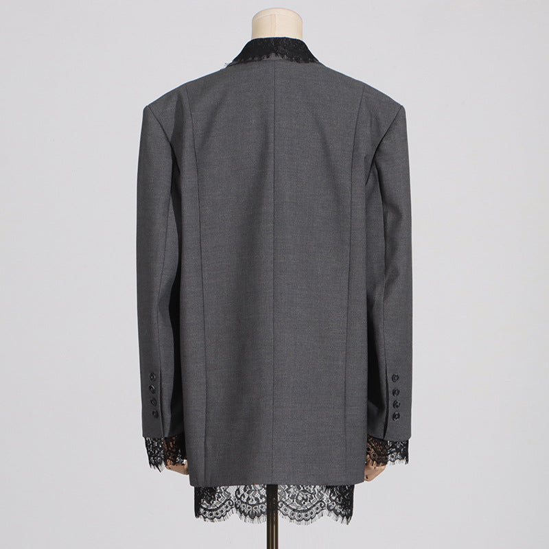 Structured women's blazer - lace-panel design, long-sleeve, polyester, for office-ready workwear