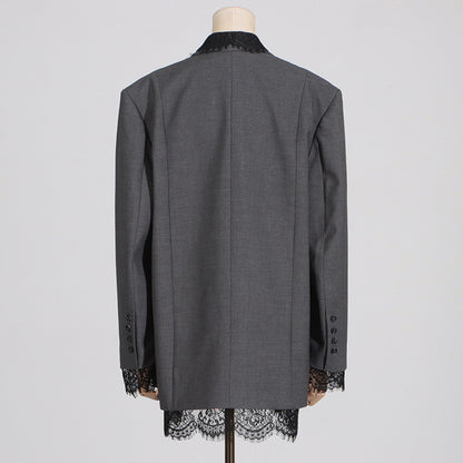 Structured women's blazer - lace-panel design, long-sleeve, polyester, for office-ready workwear