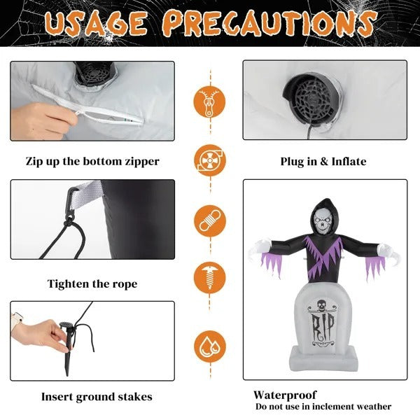 Grim Reaper oppustelig med LED gravsten Halloween dekoration