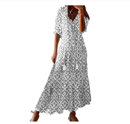 Vestito leggero da donna - stampa bohemien, scollo a V, maniche lunghe, vita media, abbigliamento casual quotidiano