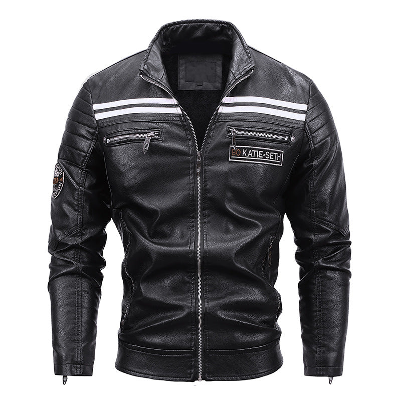 Cazadora de cuero para hombre cálida para motocicleta - corte biker con hombros acolchados y rayas de carreras, cuero PU, para paseos de otoño