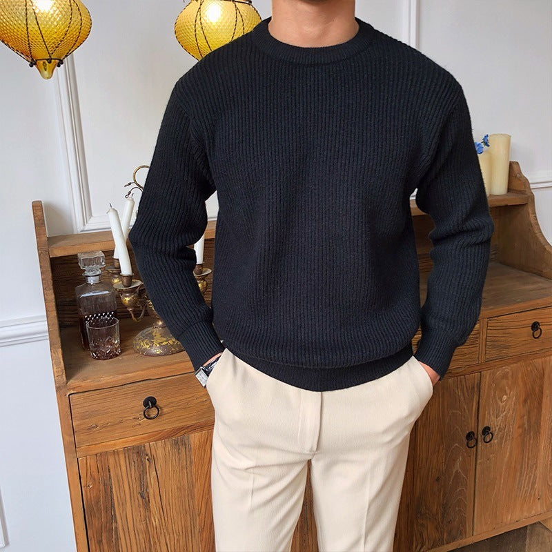 Varm afslappet herre sweater med rund hals - ribstrikket, uld