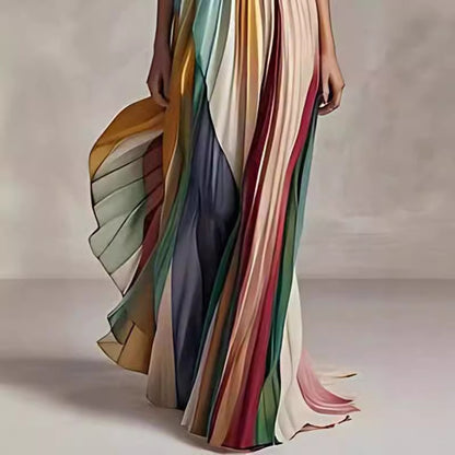 Lightweight Women's Maxi Dress - Tube-Top Flowy Printed Stripe, Polyester Crepe, for Summer Vacation