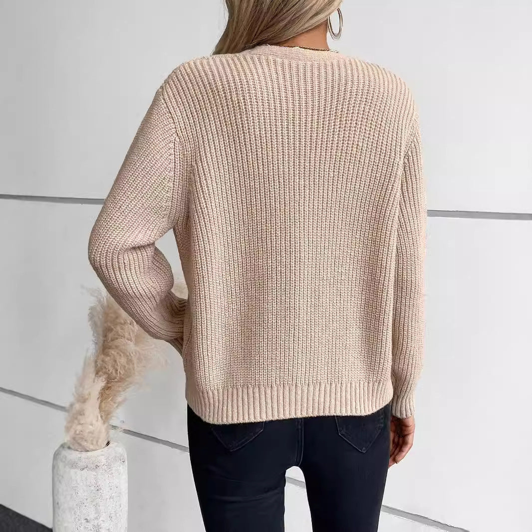 Oversized Women’s Cardigan - Twist Cable Knit V Neck Fall