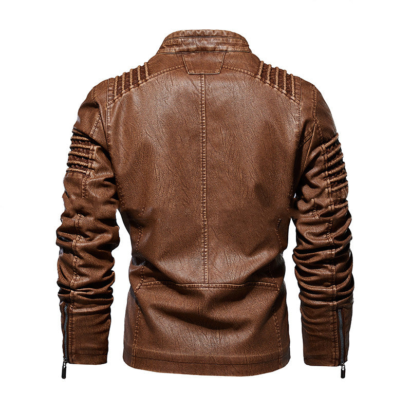 Cazadora de cuero para hombre cálida - clásica chaqueta de motorista con cuello alto, cuero PU con forro de terciopelo, ropa casual de invierno