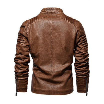 Cazadora de cuero para hombre cálida - clásica chaqueta de motorista con cuello alto, cuero PU con forro de terciopelo, ropa casual de invierno