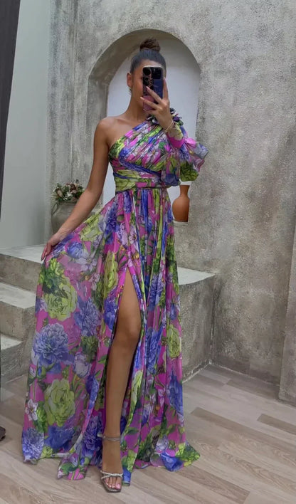 One-Shoulder Floral Women's Dress, Elegant Asymmetrical Summer Dress, Perfect for Wedding Guest and Formal Occasions-1