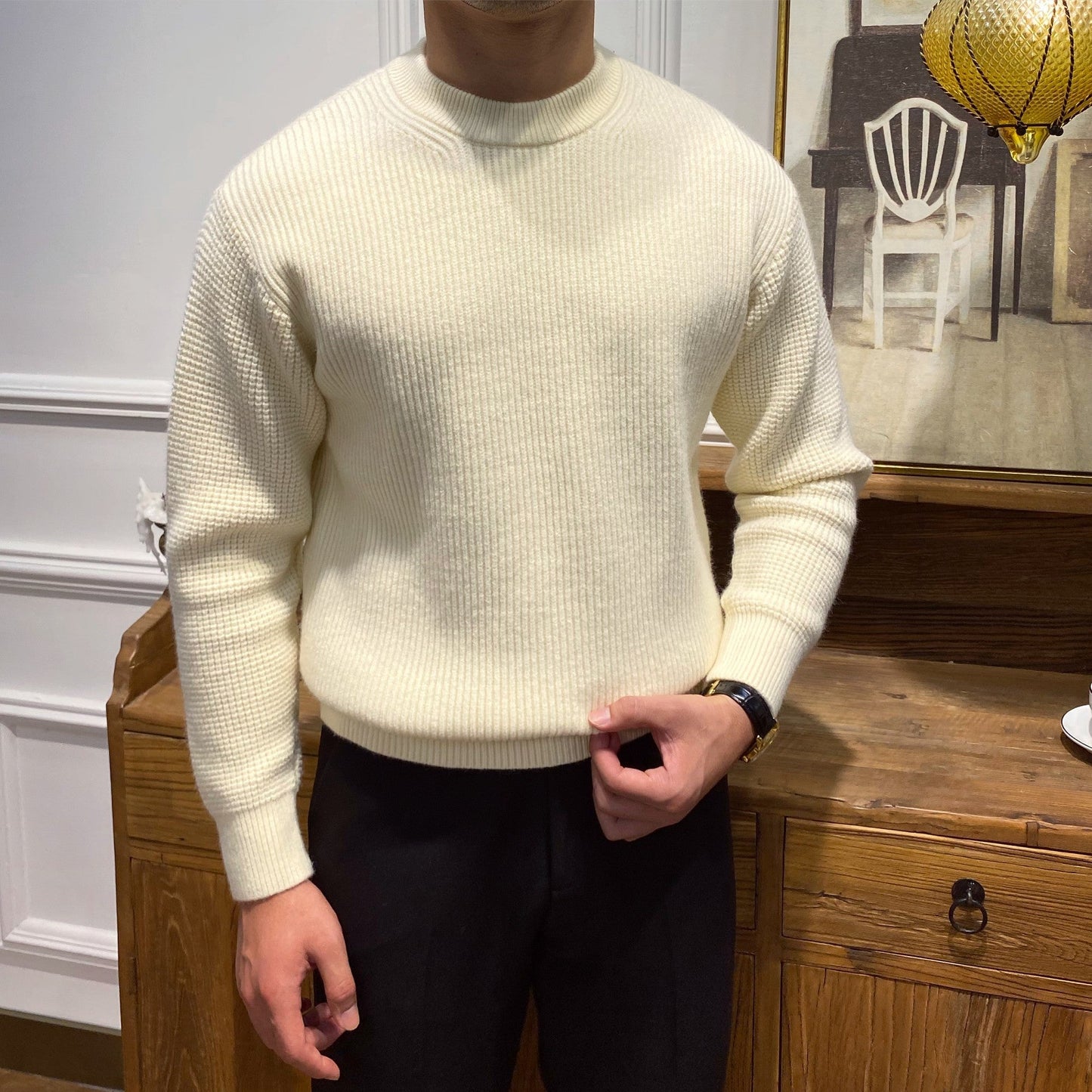 Varm herregenser med rund hals - ribbestrikket, akryl, vinter