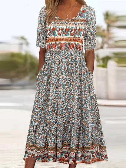 Lightweight women's maxi dress – A-line, ethnic-print, polyester, for casual summer outings