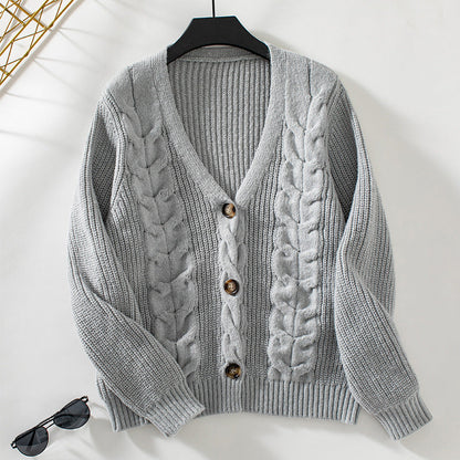 Oversized Women’s Cardigan - Twist Cable Knit V Neck Fall