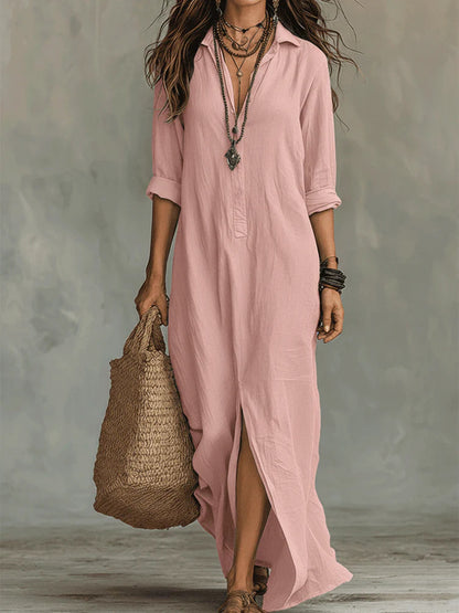 Soft women's flowy maxi dress - long-sleeve lapel-collar, solid, beach vacation