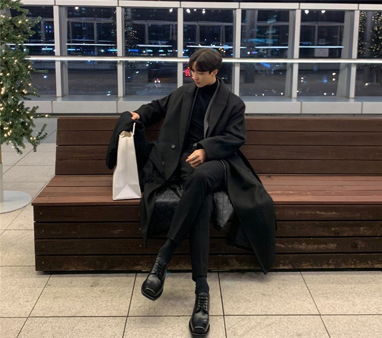 Warm Men's Trench Coat - Single-Breasted, Wool, Winter