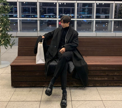 Warm Men's Trench Coat - Single-Breasted, Wool, Winter