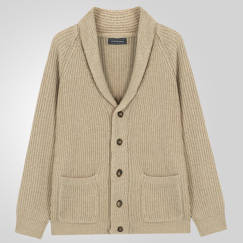 Weicher Herren-Strickjacke mit Schalkragen – Rippstrick, Frühling Herbst