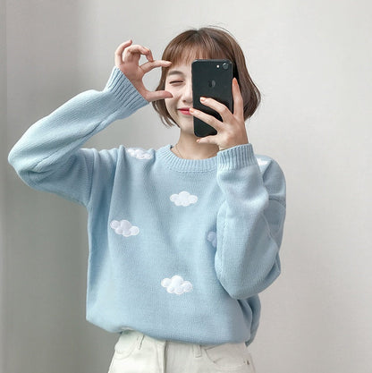Oversized Cozy Women’s Sweater - Cloud Applique Knit Casual