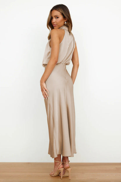Long Satin Halterneck Formal Dress for Weddings and Elegant Occasions, Full-Length Evening Gown-3