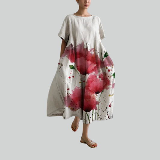 Mode Damen Kurzarm Lockeres Maxi Kleid - Retro Blumenmuster Taschen Partykleid