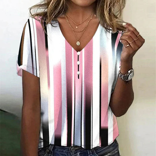 Casual V-Neck Blouse for Women, Short Sleeve Color Gradient Stripe Summer Top, Cotton-Polyester Blend-1