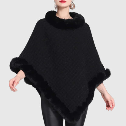 Varm Mysig Damponcho - Polokrage, Ribbstickad, Fuskpäls