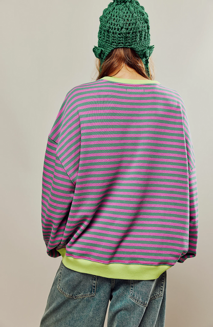 Sudadera extragrande para mujer - Casual de algodón a rayas con corte cuadrado